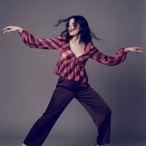 NWT ANTHROPOLOGIE MAEVE velvet babydoll top pink plaid S - Picture 8 of 9